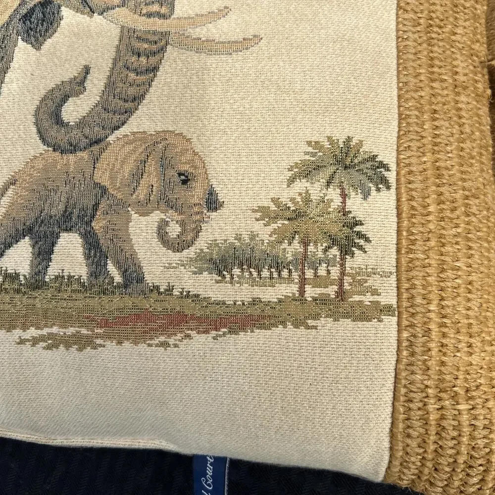 Elephant Safari Tapestry Throw Pillow Decor 24x15 Tan Gold Ashford Court RARE